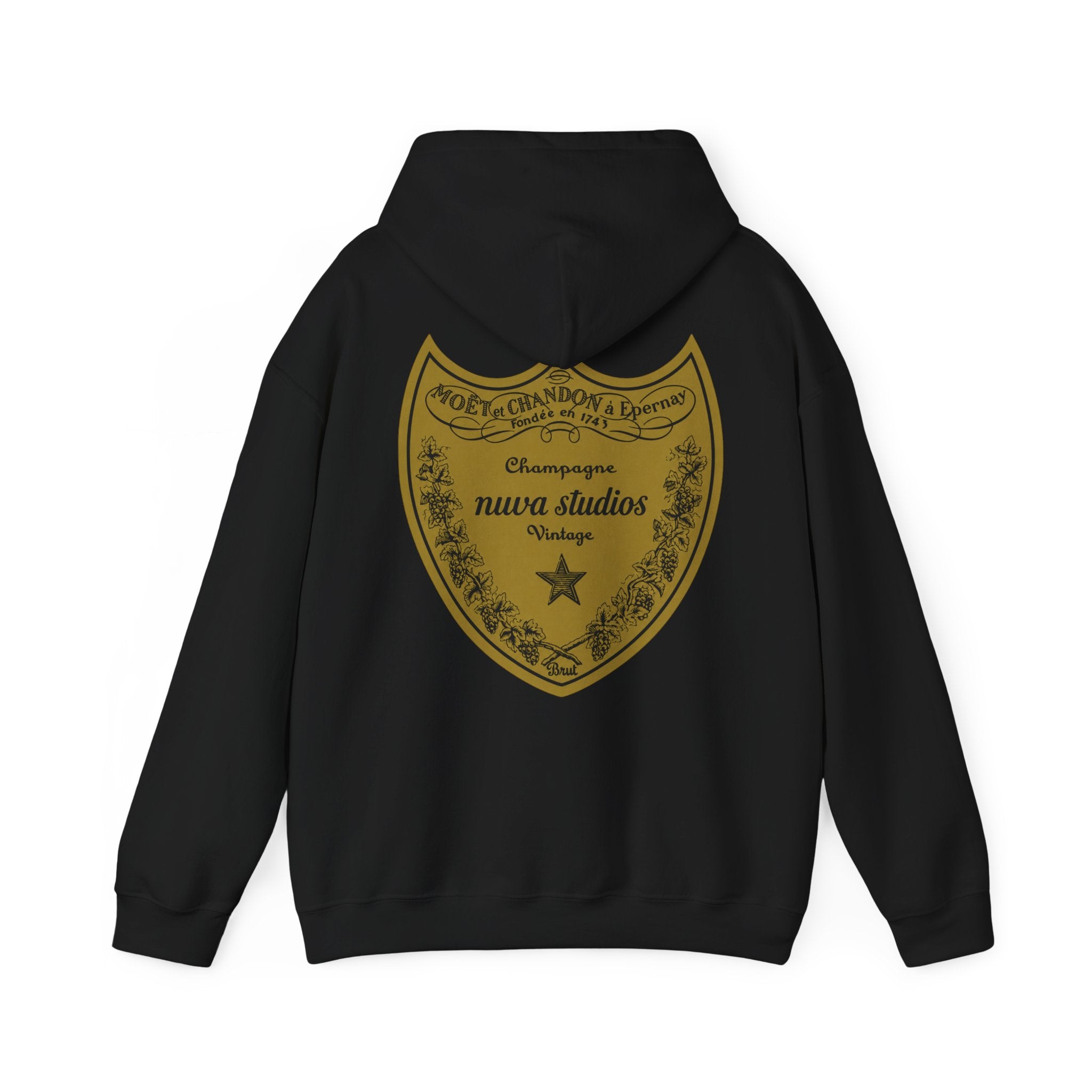 Vintage Champagne Shield Hoodie — Nuva Studios Logo Sweatshirt